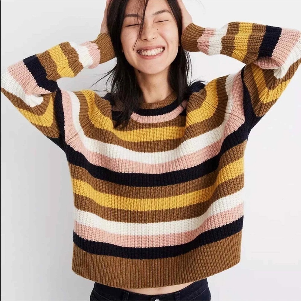Madewell Striped Tilden Pullover Sweater Merino Wool Blend Size Small